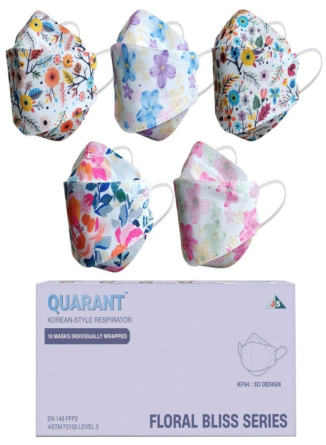 QUARANT Dual Meltblown Fabric KF94 Korean Style Designer Face Mask with Nose Clip and Travel Pouch (Floral Bliss Combo, Multicolour, Pack of 10) for Unisex - Image 1
